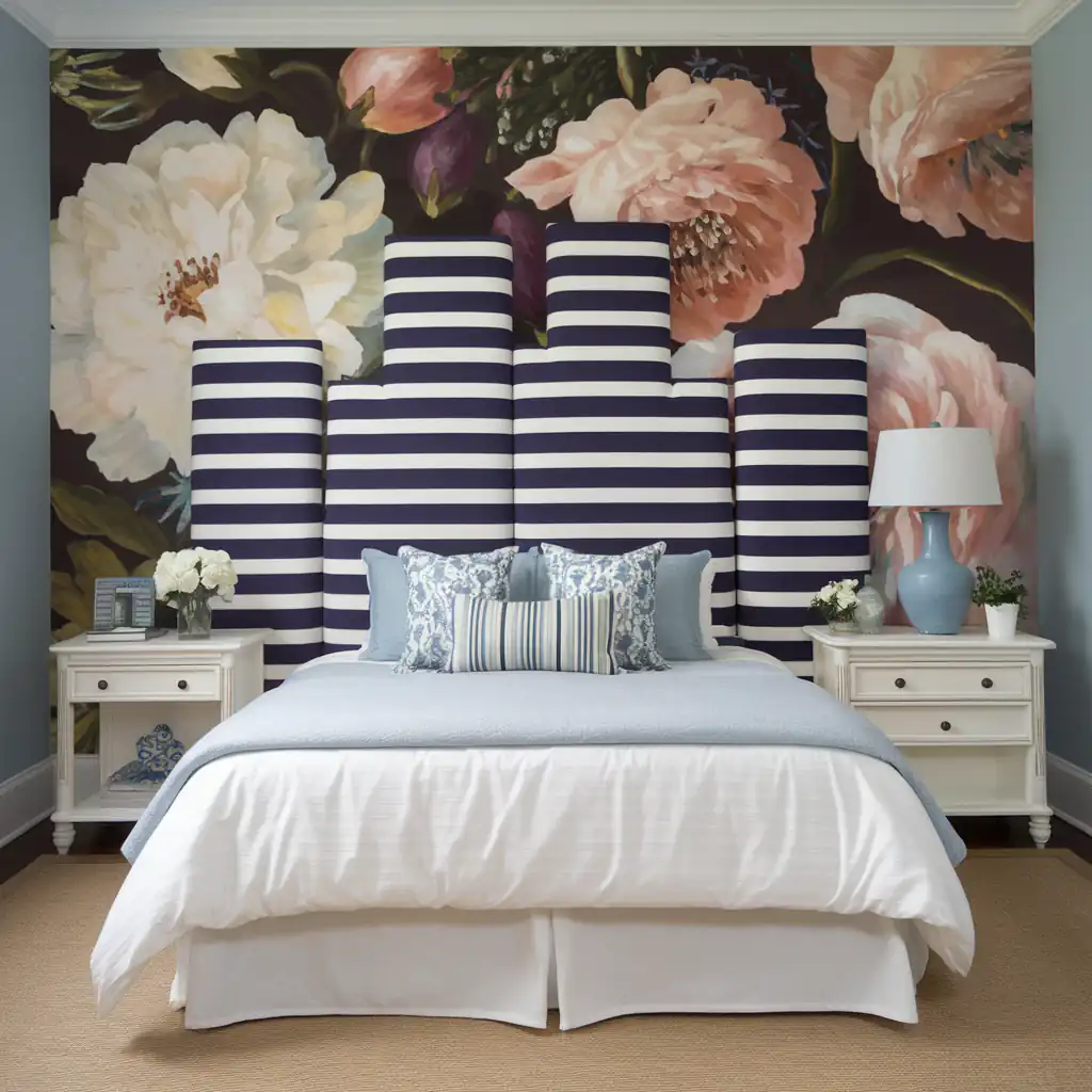 Experience a delightful bedroom transformation with a bed featuring a striped headboard, floral wallpaper, two nightstands, lamps, and decorative pillows. Perfect for those seeking DIY bedroom ideas or planning a weekend bedroom makeover.