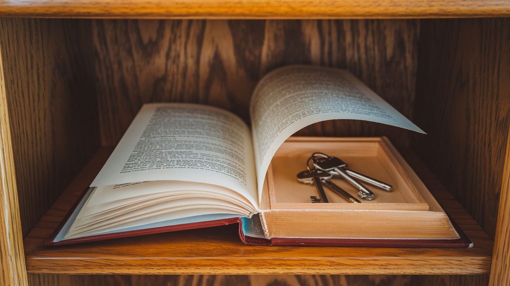 An open book with a secret compartment inside holding a set of keys, all placed on a wooden shelf—an ingenious blend of safe and stylish home storage.