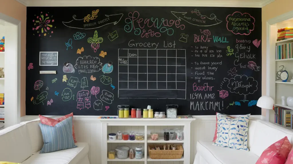 Cozy room with a large chalkboard wall displaying colorful drawings, grocery list, and ideas—an example of unusual DIY renovations. White seating and shelves below.