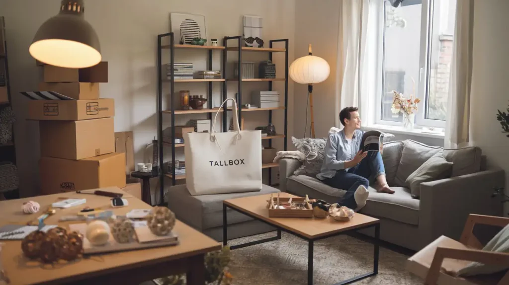 A person sits on a couch reading a book in a cozy, packed living room with moving boxes and various items scattered around, envisioning how to decorate the house.
