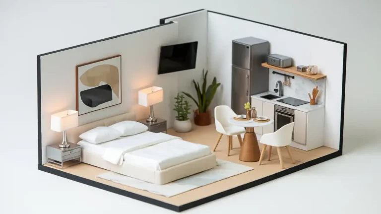 Dollhouse model of a modern studio apartment with a bed, kitchenette, and dining area, all meticulously decorated in minimalist design.