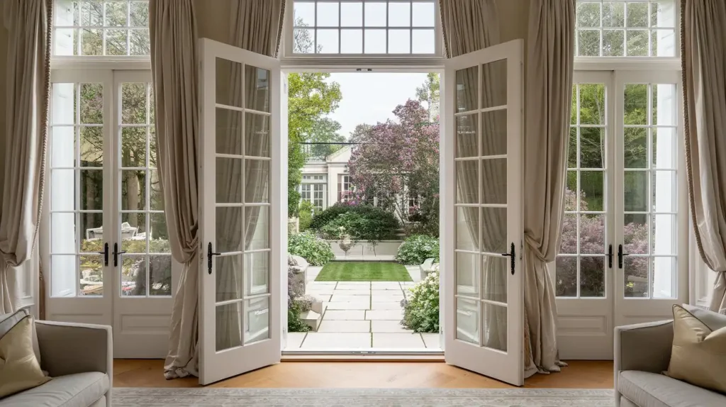 Open French doors leading to a garden patio with lush greenery and potted plants, framed by tall curtains, make an elegant window type for your new house.