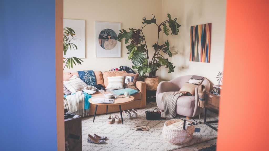 A cozy living room with a sofa, armchair, coffee table, plants, wall art, and stylish home storage for shoes, bags, and blankets.