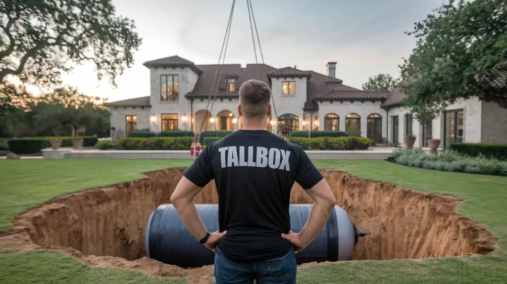 A person in a "TALLBOX" shirt observes a large cylinder being lowered into a hole in front of a grand house, as part of an extensive home remodeling for disaster protection.