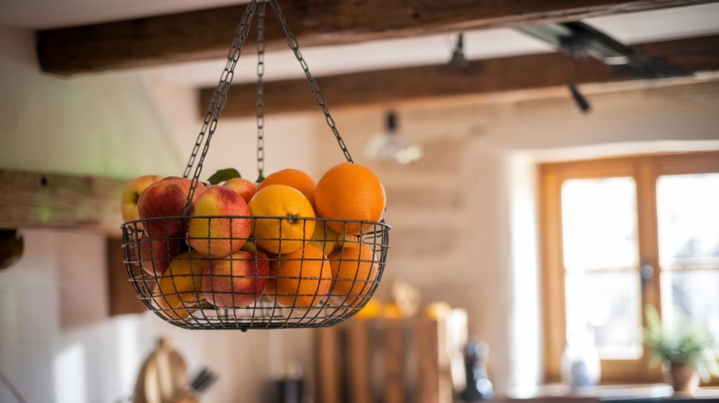 A wire basket filled with apples and oranges hangs in a rustic kitchen with wooden beams and a sunlit window, showcasing stylish home storage that blends charm and functionality effortlessly.