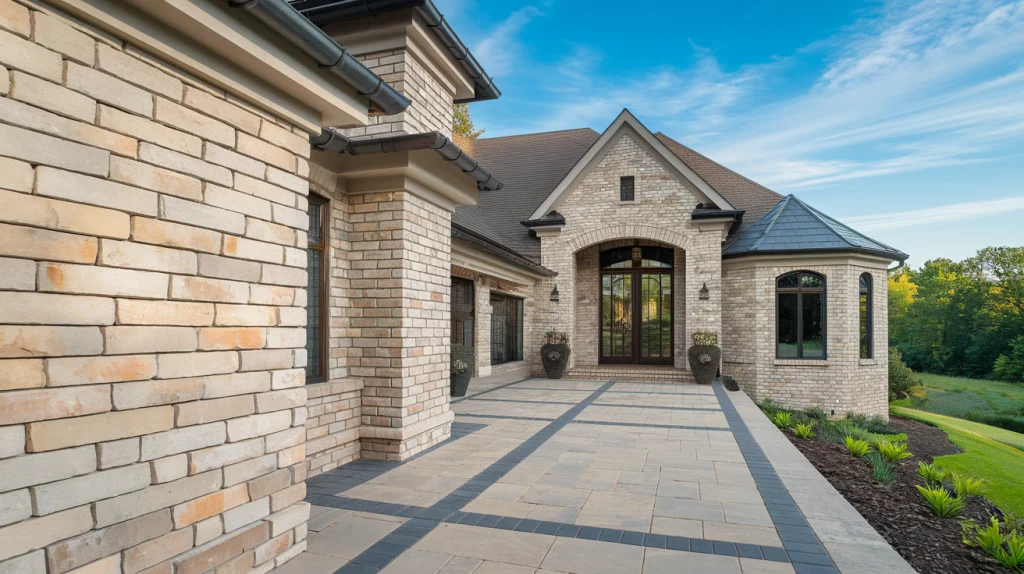 Elegant brick house with large windows, arched entrance, and spacious stone driveway on a sunny day, showcasing top-notch right siding as part of the new construction project.