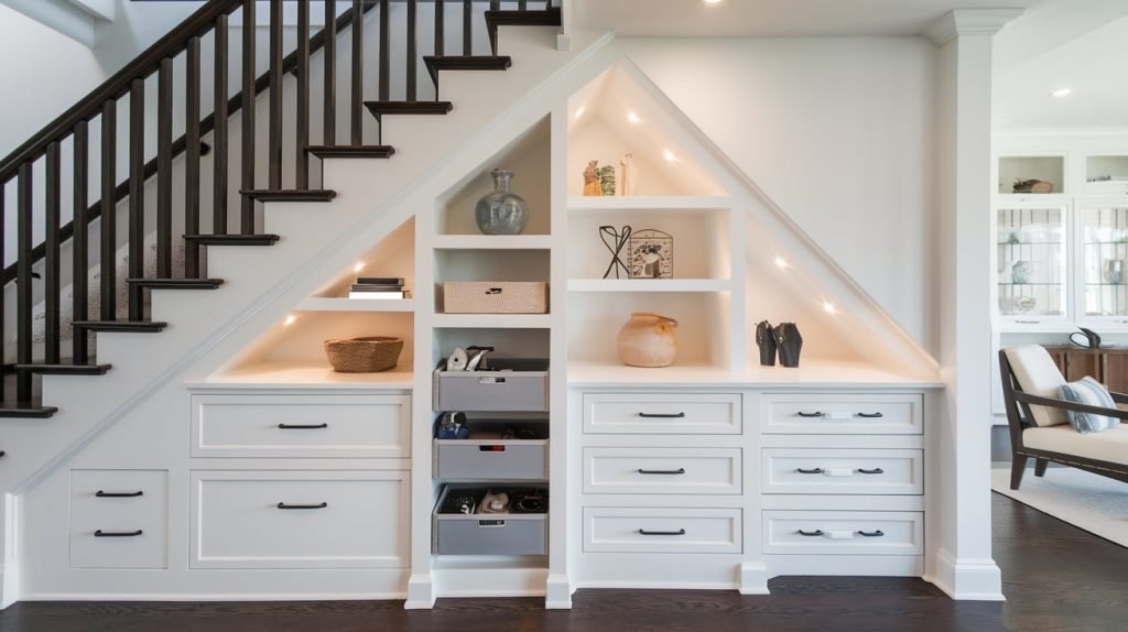A white built-in storage unit under a staircase displays shelves with decor items, drawers, and baskets on a dark wood floor, showcasing the charm of unusual DIY renovations.