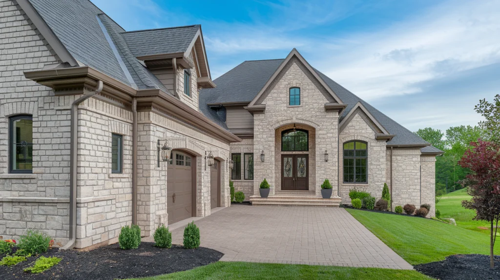 Luxury new construction brick house with manicured lawn, two-car garage, arched windows, and double front doors under a clear blue sky.