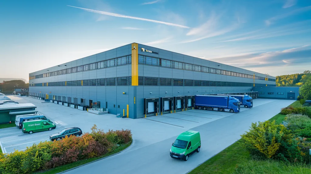 A large distribution warehouse with loading docks and trucks in the foreground under a clear blue sky, perfect for those looking to sell commercial property.