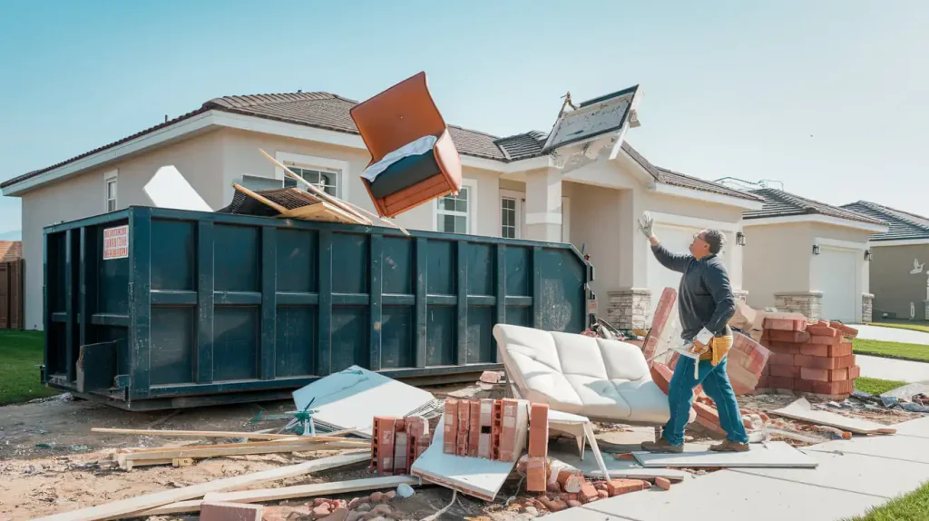 A worker efficiently disposes debris into a rented dumpster outside a house under renovation, surrounded by construction materials.