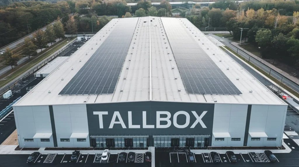 A large warehouse building with "TALLBOX" written on the front is up for sale. The roof, covered with solar panels, makes this an ideal commercial property.