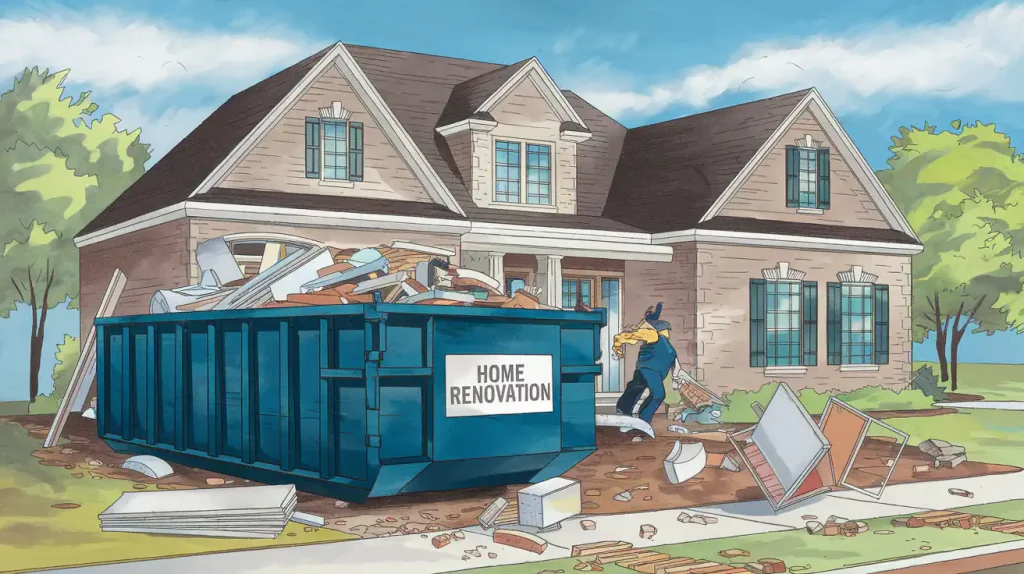Illustration of a house with a large dumpster on the front lawn, clearly labeled "Home Renovation," brimming with debris. Perfectly capturing the essence of renovation chaos, it highlights the need for efficient dumpster rental to dispose of old materials.
