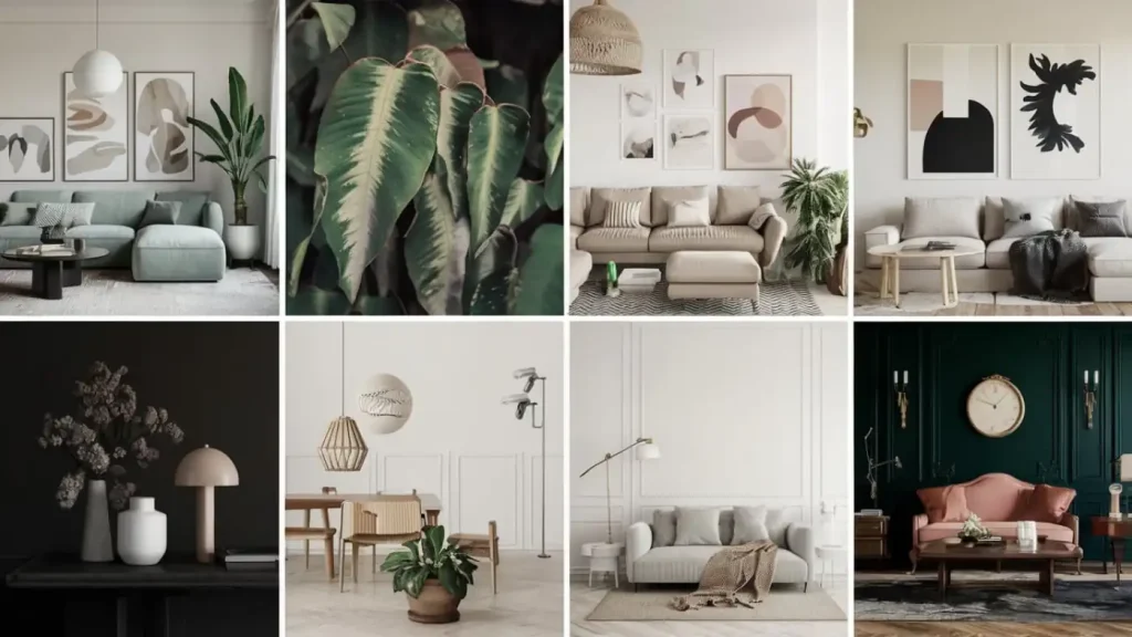 Explore 2024 interior design trends with this collage, showcasing minimalist decor featuring plants, neutral furniture, and abstract wall art for a stylish home.