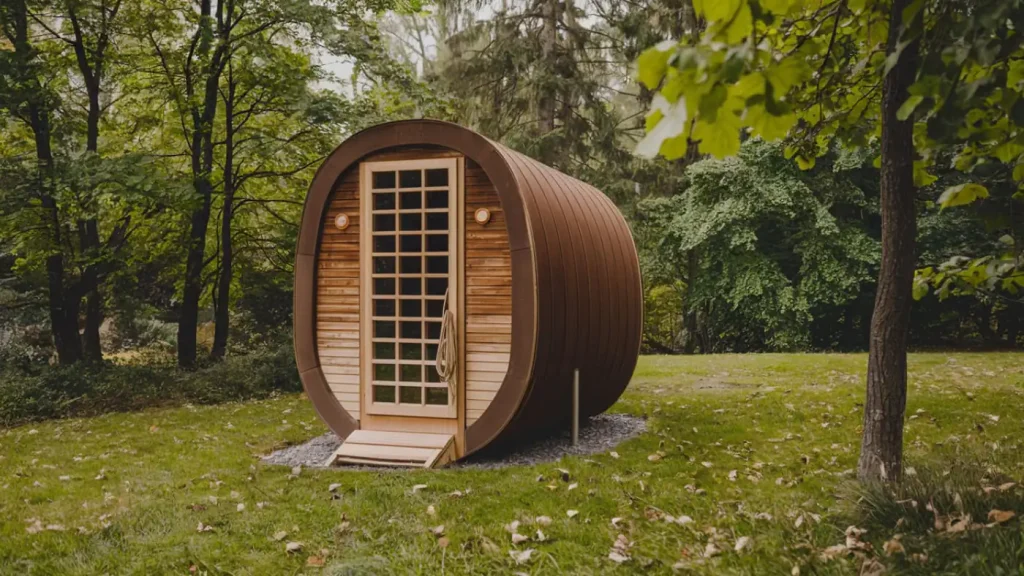 A small, barrel-shaped wooden cabin with a glass door stands in a lush, green forest clearing, embodying the stylish home trends of 2024.