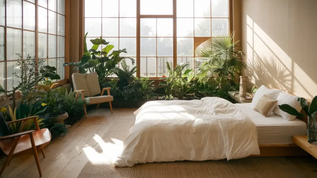 In line with 2024 interior design trends, this sunlit bedroom features a white bed, large windows, and abundant greenery, creating a serene and inviting atmosphere in your stylish home.