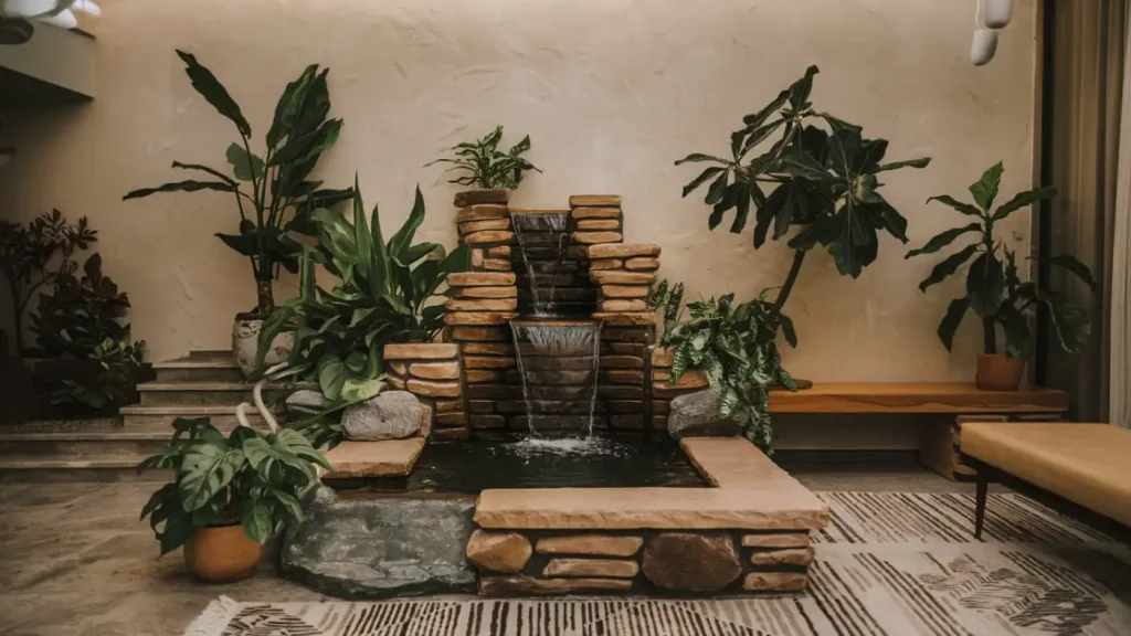 This stylish home feature showcases an indoor stone fountain with cascading water, surrounded by lush green plants and a bench on a patterned rug, perfectly aligning with 2024's interior design trends.