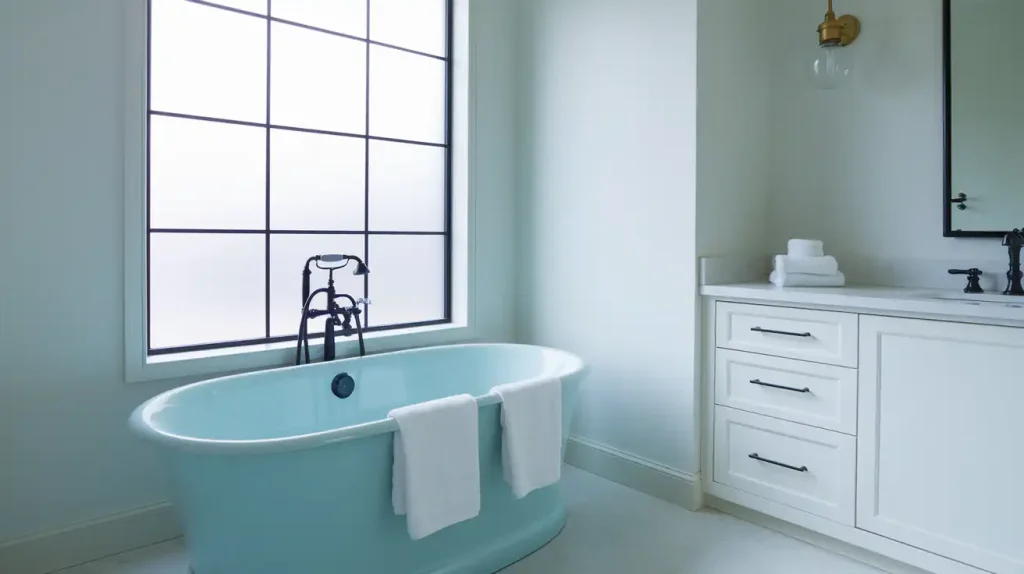 A light blue bathtub with towels sits next to a white cabinet and large window in a minimalist bathroom, embodying the stylish home aesthetic central to 2024 interior design trends.
