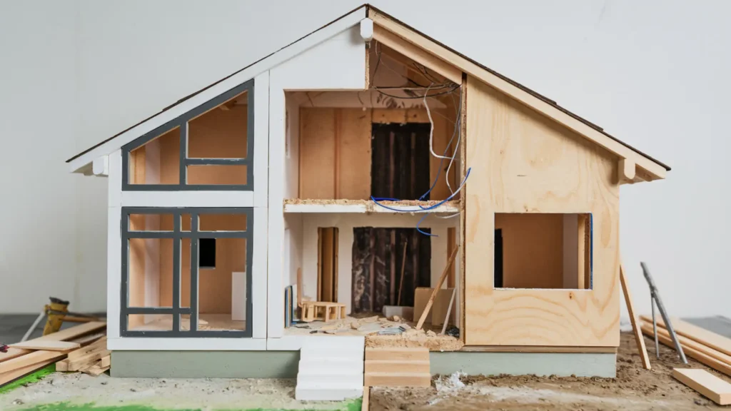 A model of a partially constructed house shows the interior layout and unfinished sections, offering valuable home buying tips for discerning buyers.