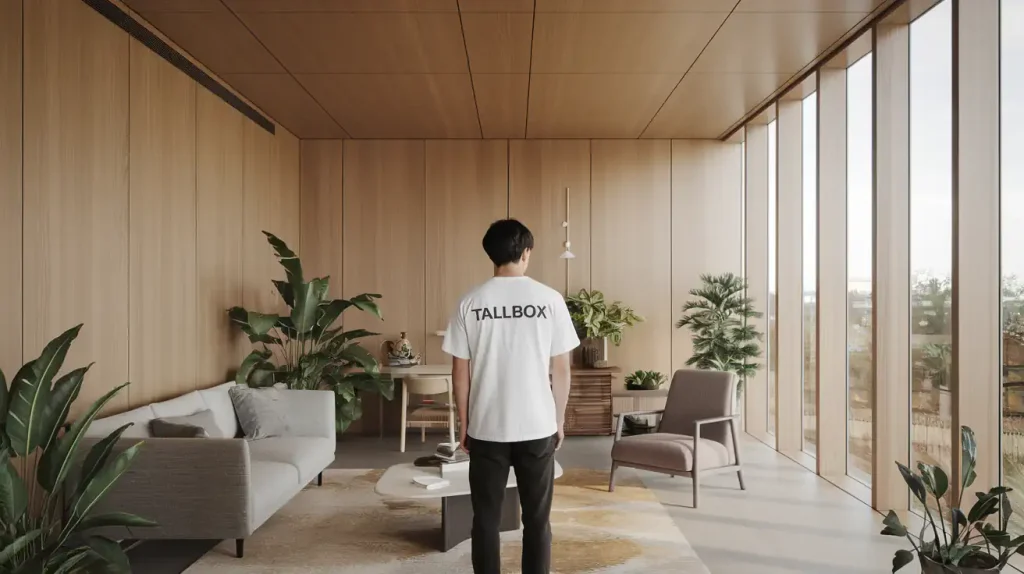 A person in a "TALLBOX" shirt stands in a modern living room, showcasing the latest interior design trends of 2024 with its large windows and stylish home accents, surrounded by lush plants.