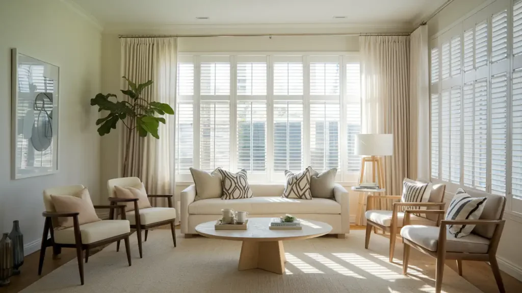 A bright living room, designed with decor principles to feel bigger, features a sofa, armchairs, a coffee table, large windows, and light curtains.