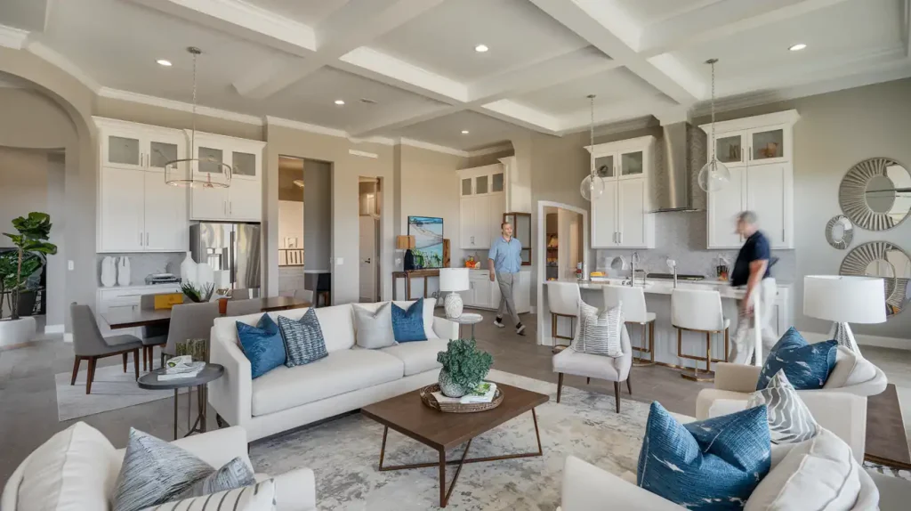 Spacious living room with white sofas, a modern kitchen, and two people interacting in a bright, open layout—a perfect example of the types of homes you might want to buy.
