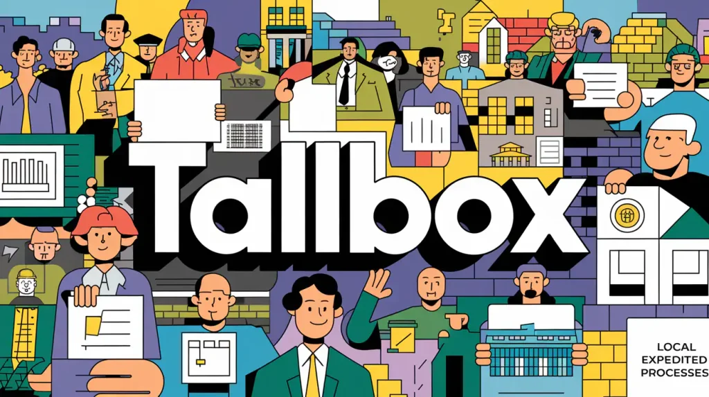 Illustrated collage with diverse builders, architects, and tools surrounding the word "Tallbox" in bold letters, symbolizing strength and speed, much like the seamless process of a cash home sale.
