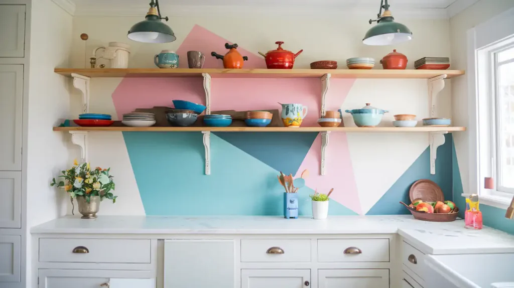 A colorful kitchen featuring a geometric wall design and semi-custom cabinets, complemented by two wooden shelves adorned with pots and dishes. A window floods the space with natural light, highlighting a vibrant fruit bowl on the countertop.