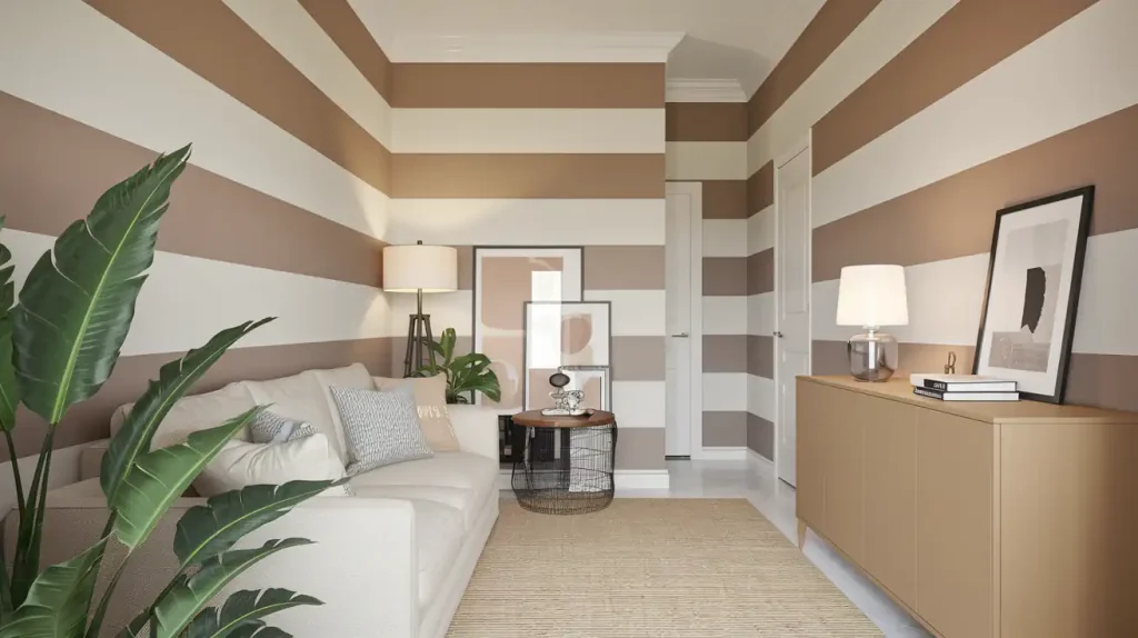 Stylish room with a beige and white striped wall, comfy sofa, and plants, showcasing decor principles that help small spaces feel bigger through modern accents on a sideboard and table.