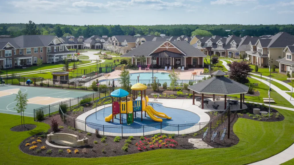 Aerial view of a community park with a playground, pool, and gazebo, all nestled among houses under a blue sky. Discover the secrets of this serene neighborhood oasis expertly curated by HOA management.