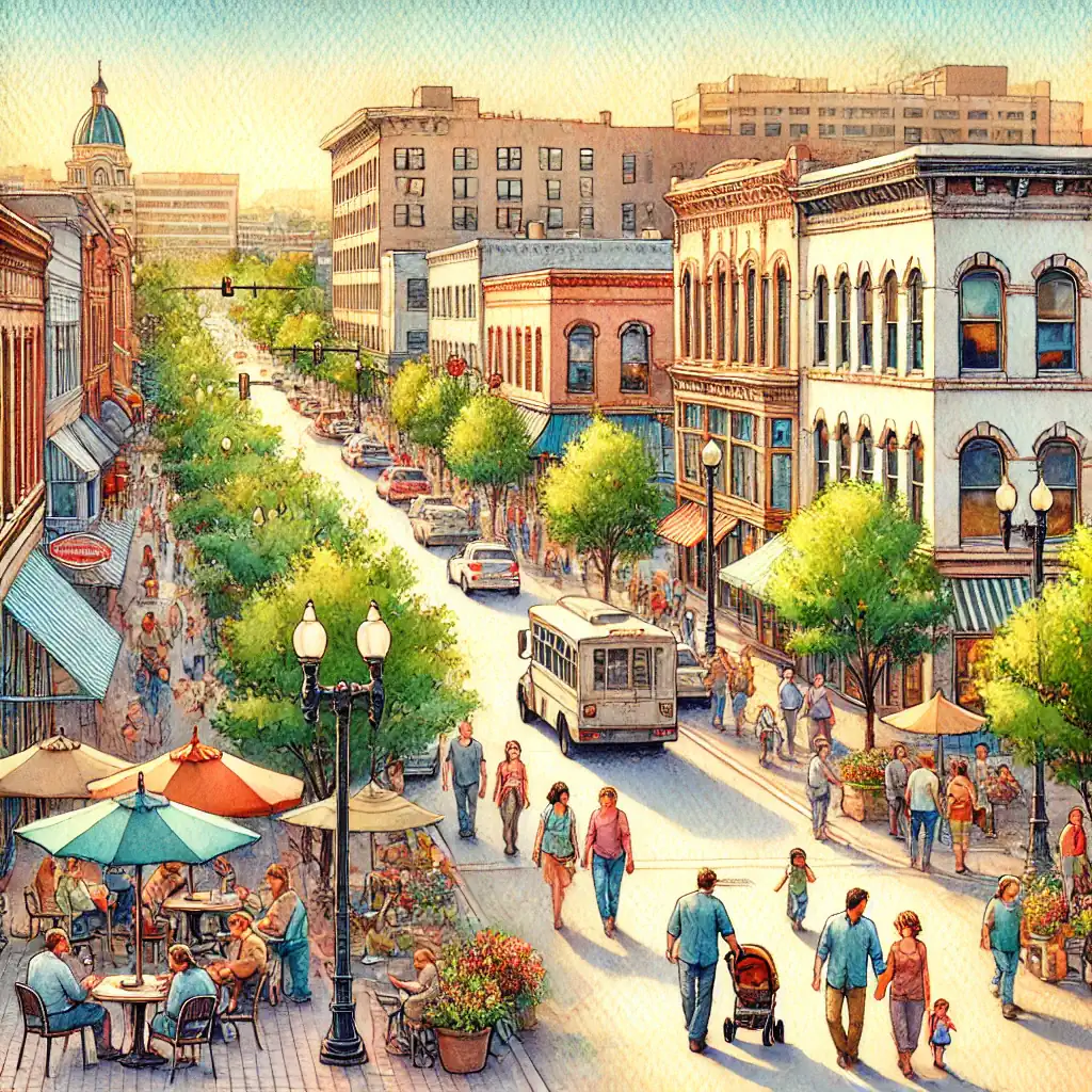 Lively street scene with people walking, a bus, and sidewalk cafes in a sunlit, tree-lined urban area—a perfect snapshot of Colorado's vibrant neighborhoods. Discover the charm and community that make it an ideal place to buy a home.