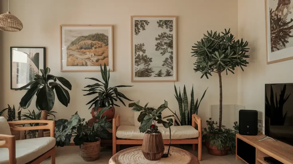 Cozy living room with stylish wood furniture, lush plants, and framed landscape art on the wall, reflecting 2024 interior design trends.