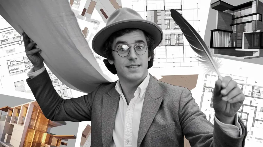 Person in a suit and hat holding a blueprint and feather, with management plans in the background, as if unraveling the secrets of HOA management.