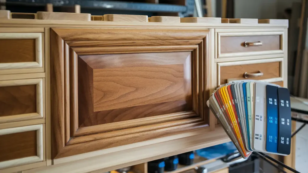 Wooden cabinet samples, including custom and semi-custom cabinets, and a color swatch display various finishes in a workshop setting.