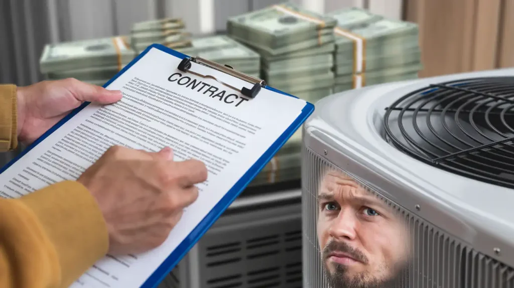 A clipboard with a contract and a stack of cash sit next to a confused man's reflection on an AC unit, pondering HVAC troubleshooting.