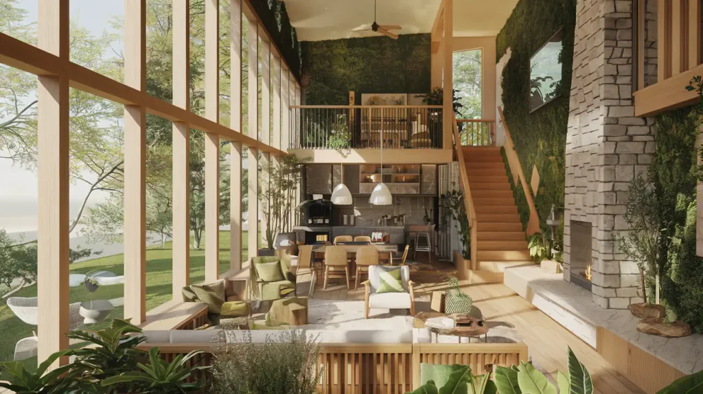 Explore a stylish home that embraces 2024's interior design trends, featuring large windows, lush green walls, wooden accents, and a charming mezzanine level.