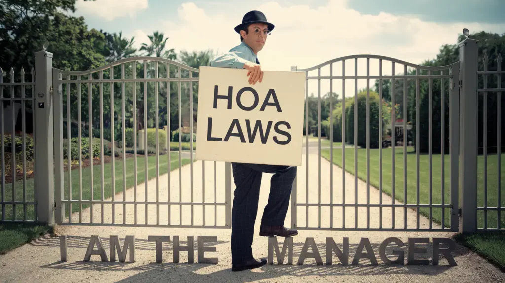 Person in a hat holding "HOA Laws" sign, standing on a gate that says "I AM THE MANAGER," highlighting the ongoing controversies surrounding Homeowners Associations.