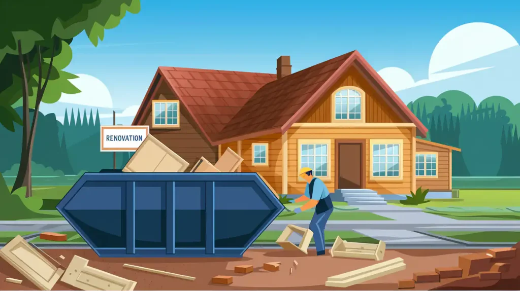 Illustration of a house under renovation with a dumpster rental brimming with debris and a worker handling construction materials.