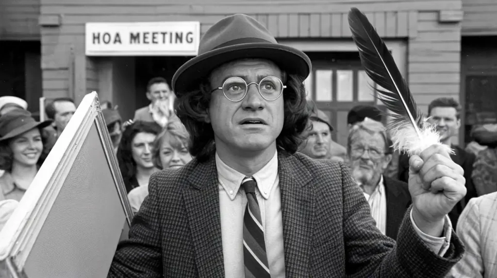 At a lively HOA meeting, a man clutching a feather speaks passionately about rules and secrets, captivating the crowd.