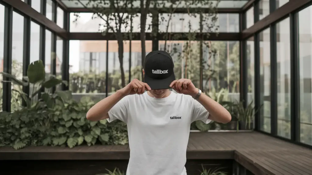 In a plant-filled glass room reflecting 2024's interior design trends, a person in a white shirt and black hat stands adjusting their hat brim, epitomizing the essence of a stylish home.
