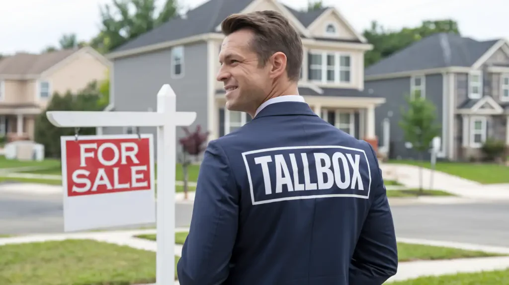 A man in a suit labeled "Tallbox" stands confidently by a "For Sale" sign, representing real estate expertise in selling a house fast. This suburban neighborhood scene hints at seamless transactions, possibly with a cash option for eager buyers.