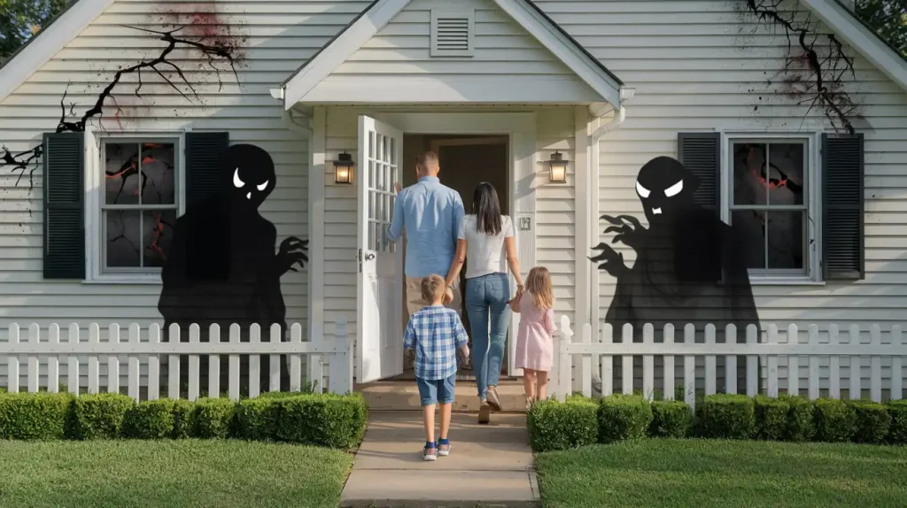 A family walks into a house with eerie shadow figures on the walls and cracked, darkened windows—a classic example of homes to avoid when seeking home buying tips.