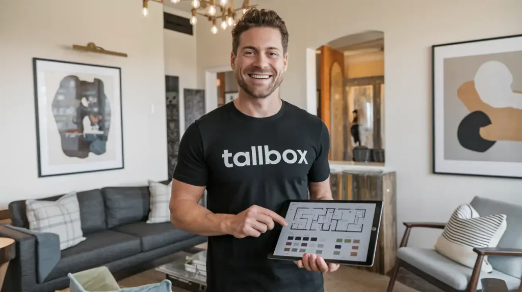 Man in a black T-shirt holding a tablet in a modern, AirBnB-styled living room, showcasing impeccable interior design essentials.