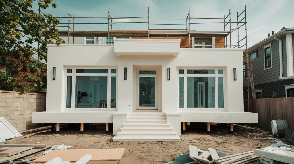 The modern house under construction boasts a white facade and large windows, framed with scaffolding above. When exploring homes, consider real estate advice to discern architectural stability in such contemporary builds.