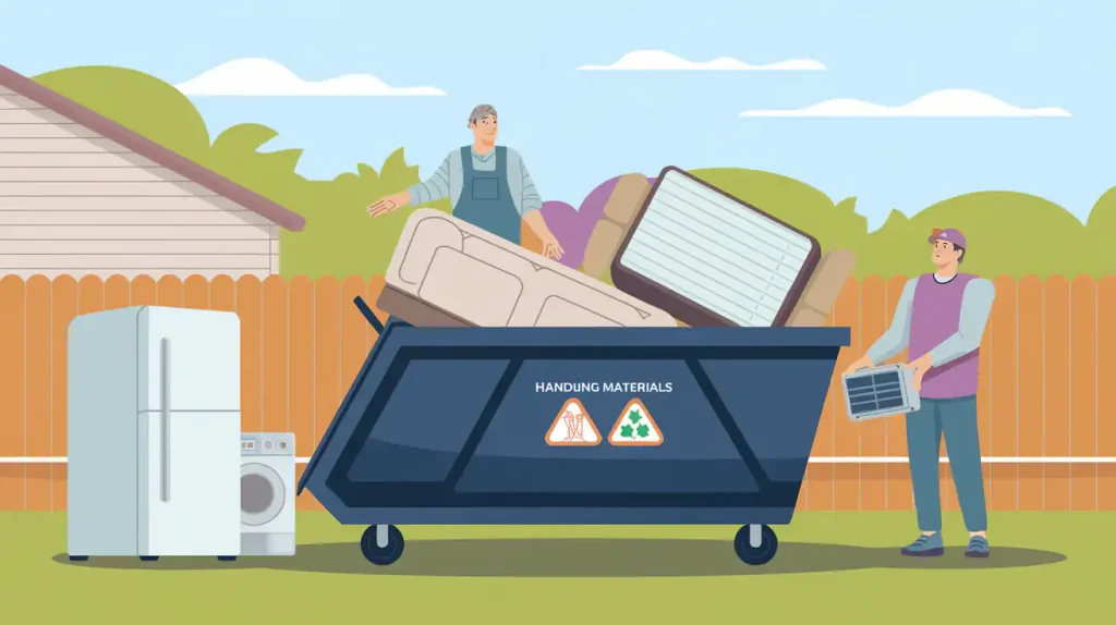 In the midst of a backyard renovation, two people efficiently dispose of furniture and appliances by loading them into a recycling dumpster rental.