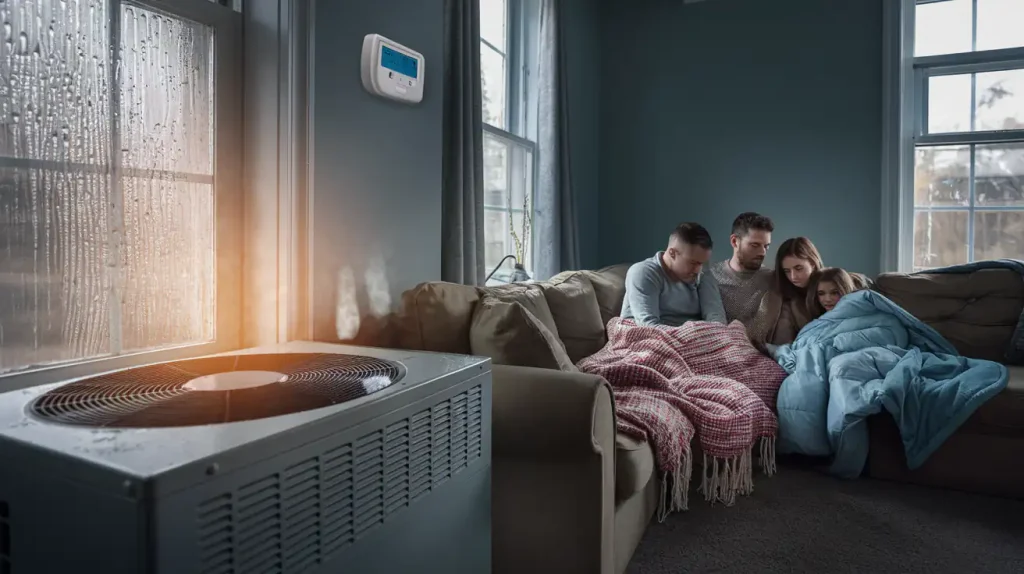 A family cuddles under blankets on the couch in a cozy living room. Nearby, a dehumidifier hums beside fogged-up windows, hinting at minor HVAC problems that will soon need attention for maintaining comfort.