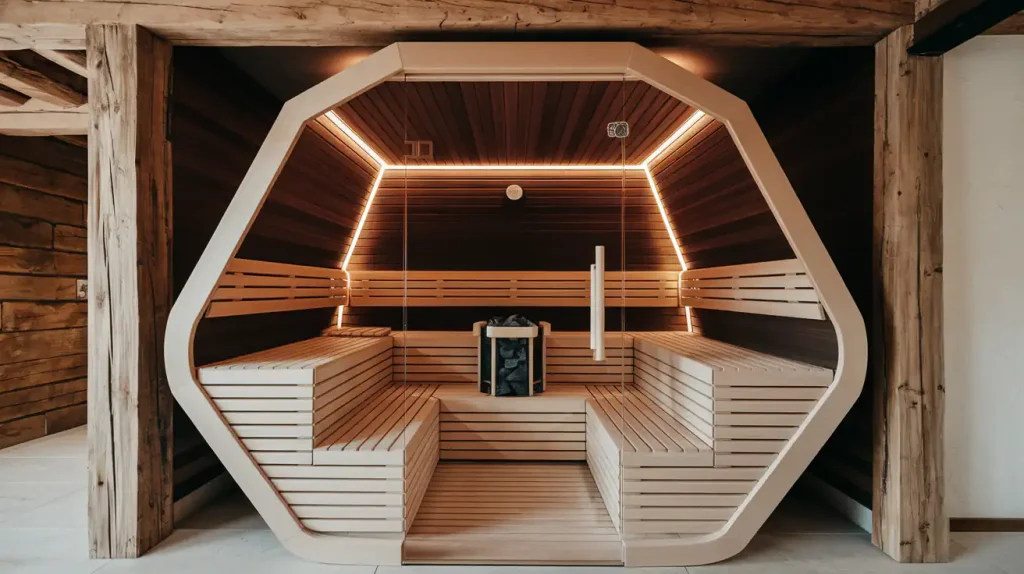Modern, wooden sauna interior with a geometric design, featuring benches and warm lighting, embodies 2024's stylish home trends in interior design.