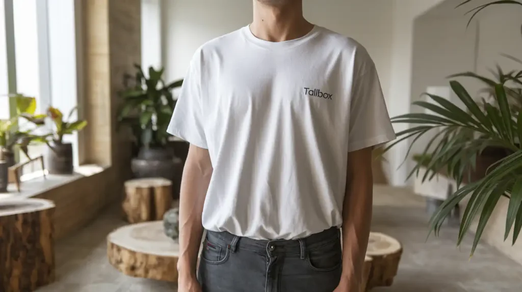A person in a white "Tallbox" t-shirt stands amidst a room featuring 2024 interior design trends, where lush plants complement the stylish home adorned with elegant wooden furniture.
