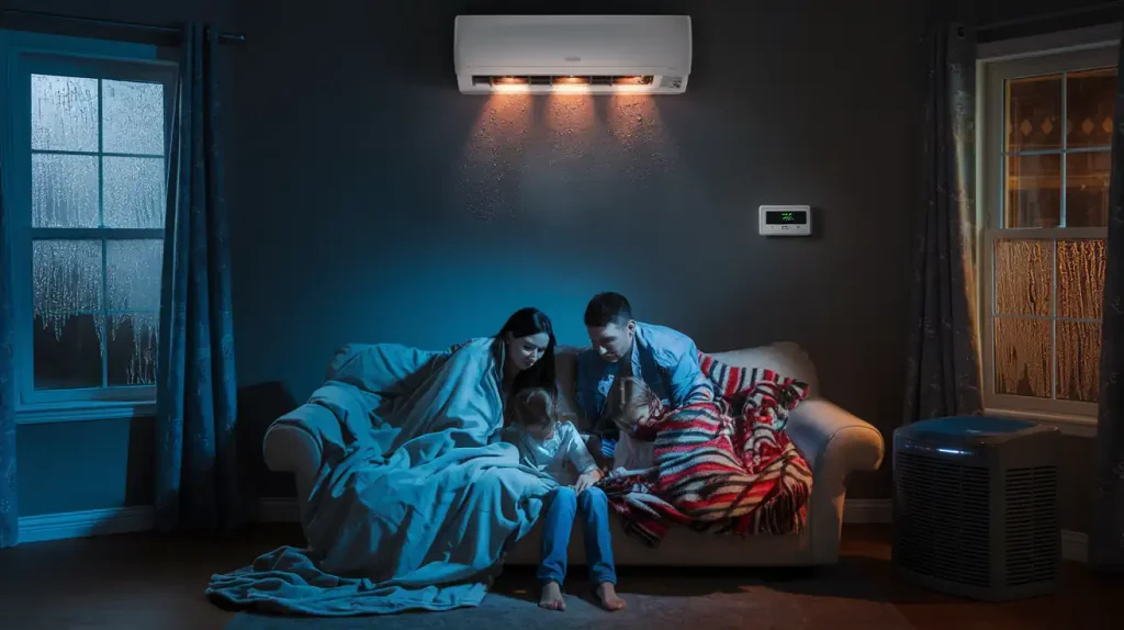 A family snuggles on the couch under cozy blankets, enjoying the warm air from their reliable heating and air system, while rain softly taps against the window panes.