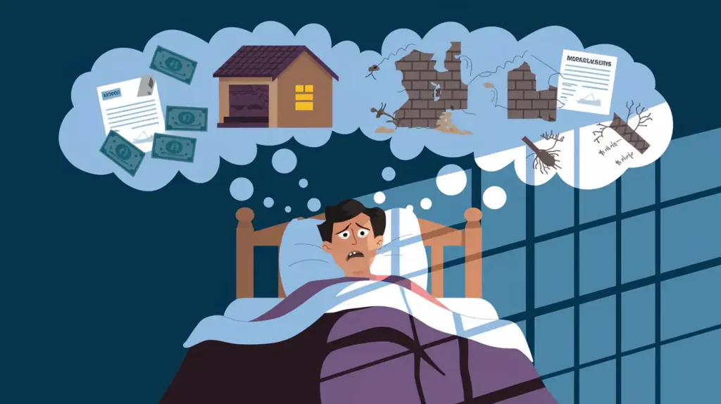 A person lies in bed, worry etched on their face as they dream of bills and debt. Images of natural disasters swirl around, highlighting the types of homes you should avoid to prevent such nightmares.