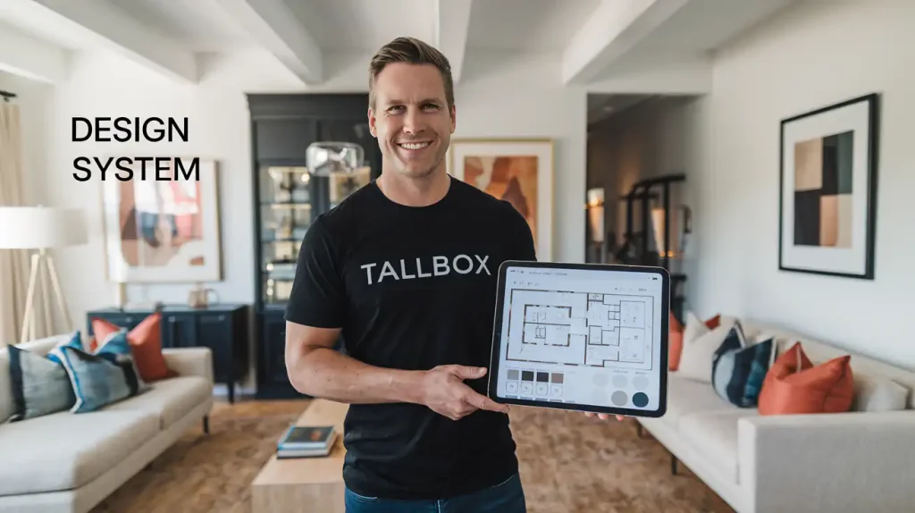 Man holding tablet with floor plan, standing in a modern living room. Shirt reads "TALLBOX." Text: "DESIGN SYSTEM Essentials.